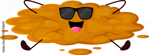 Funny poo excrement, cartoon poop emoji character. Isolated vector comical diarrhea excrement personage donning sunglasses with cool and happy facial expression. Liquid, messy toilet shit emoticon