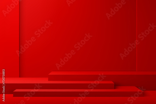 Red rectangle chinese podium stage or stand for product display. Vector Lunar New Year pedestal or platform with 3d rectangular shape steps. Luxury minimal geometric podium stage or scene