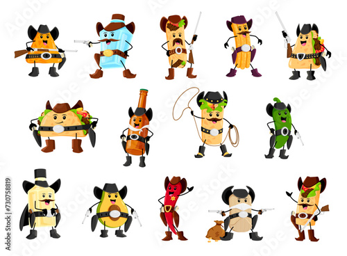 Cartoon cowboy and sheriff, bandit and robber, ranger tex mex mexican food and drink characters. Funny Wild West fast food vector personages. Cute taco, burrito, nachos, quesadilla and tequila bottle