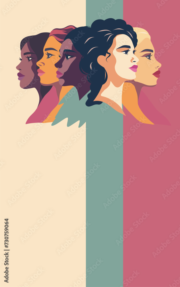 Vector horizontal banner beige background for Women's Day, women of different nationalities stand side by side. Vector concept of movement for gender equality and women's empowerment Vector horizontal banner beige background for Women's Day, women of different nationalities stand side by side. Vector concept of movement for gender equality and women's empowerment