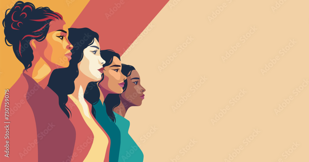 Vector horizontal banner beige background for Women's Day, women of different nationalities stand side by side. Vector concept of movement for gender equality and women's empowerment Vector horizontal banner beige background for Women's Day, women of different nationalities stand side by side. Vector concept of movement for gender equality and women's empowerment