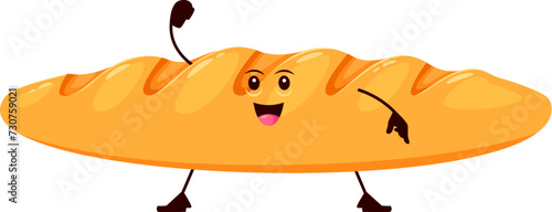 Cartoon funny baguette bread and bakery character. Isolated vector pastry personage. Tall, slender loaf with friendly face, exudes charm and warmth, embodying the essence of traditional bakery delight