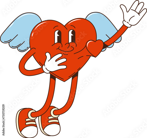 Groovy cartoon heart character in hippie art or funky style, vector comic personage. 60s and 70s hippie groovy heart flying on wings with happy face for love in retro style and groovy pop art