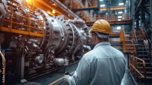 A worker in a thermal power plant is repairing equipment, surrounded by knowledge of thermodynamics and high temperature environment. Generative AI. photo