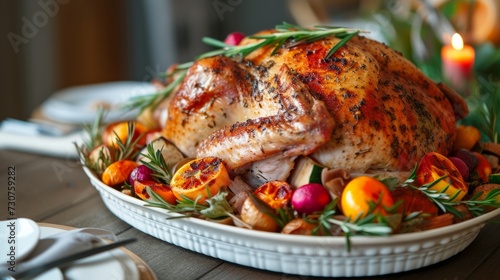 Thanksgiving day, roasted turkey with vegetables and herbs
