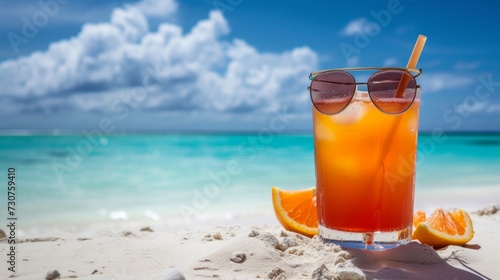 Tropical ice cocktail with sunglasses on the beach
