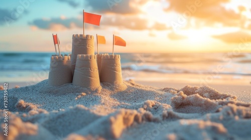 Castle made of sand on the beach with flag on it photo