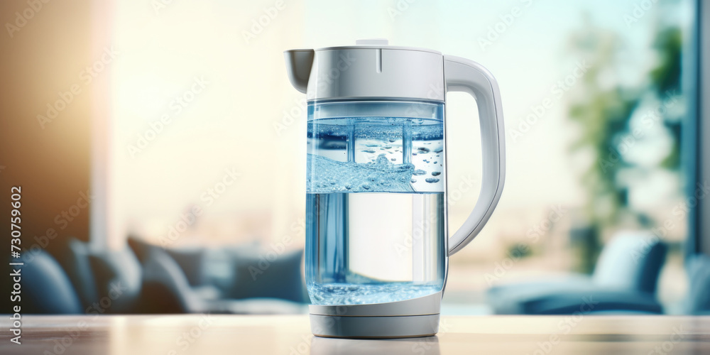A glass pitcher filled with water sits on top of a table. Suitable for various uses A glass pitcher filled with water sits on top of a table. Suitable for various uses