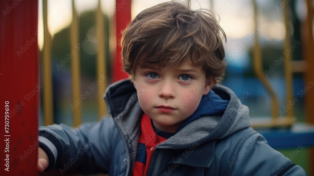 A young boy wearing a blue jacket playing on a playground. Suitable for various outdoor activities and childhood themes A young boy wearing a blue jacket playing on a playground. Suitable for various outdoor activities and childhood themes