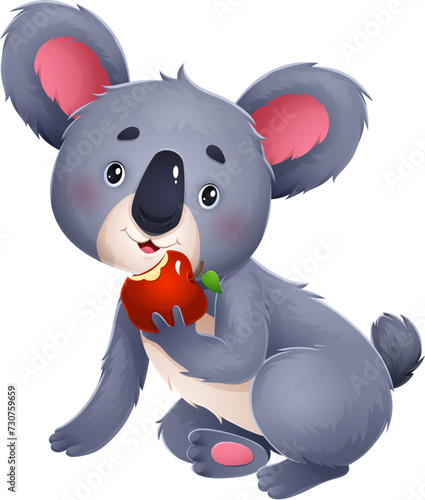 Cute koala bear cartoon character eating apple. Koala comical mascot, zoo animal childish character or Australia jungle bear cute isolated vector personage biting fresh red apple