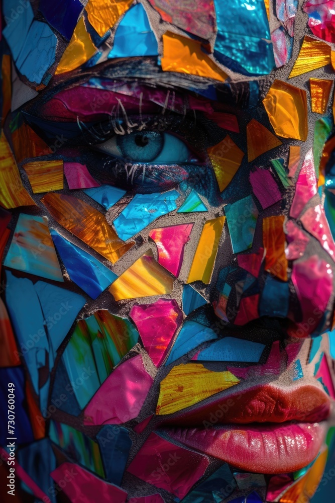 A close up of a person's face made of colorful pieces of paper. Perfect for creative projects or art-related themes A close up of a person's face made of colorful pieces of paper. Perfect for creative projects or art-related themes