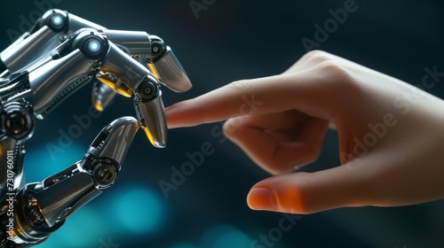 Human finger touching robot finger symbolizing ai robot and human coexistence