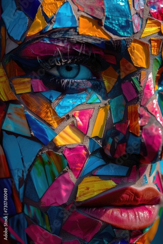 A close up of a person's face made of colorful pieces of paper. Perfect for creative projects or art-related themes