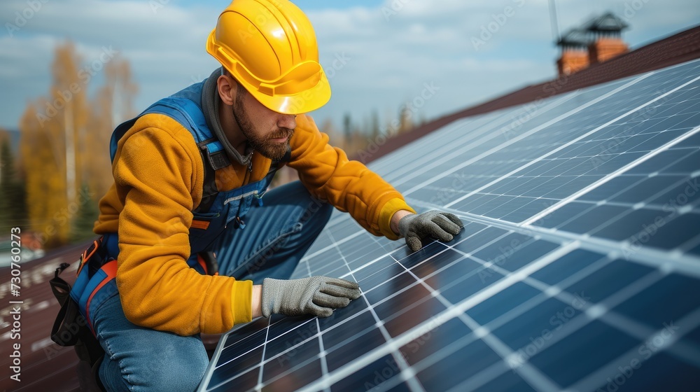 A handyman with drill installing solar panels on the rooftop. Generative AI. A handyman with drill installing solar panels on the rooftop. Generative AI.