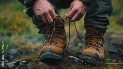 A person tying up a pair of hiking boots. Suitable for outdoor and adventure themes