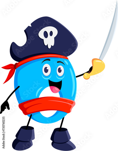 Cartoon math number zero pirate captain and corsair sailor character. Isolated vector numeral 0 personage in tricorn hat, wide grin, and a sword raised high for arithmetic adventures on the high seas
