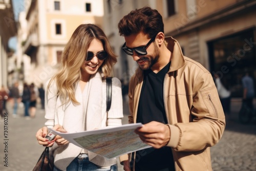 A man and a woman are shown looking at a map. This image can be used to depict travel, navigation, planning, or teamwork