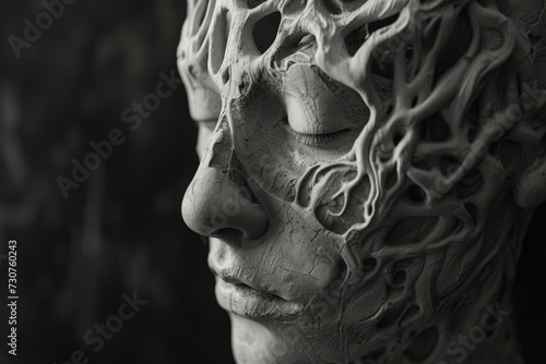 A detailed close-up of a sculpture depicting a woman's face. This image can be used to convey beauty, art, and femininity in various projects