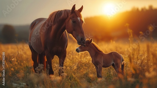 A beautiful brown mare nurturing and teaching her sweet new little foal on a golden summers evening 