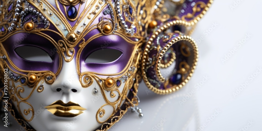 A close up view of a mask placed on a table. Suitable for various themes and concepts A close up view of a mask placed on a table. Suitable for various themes and concepts