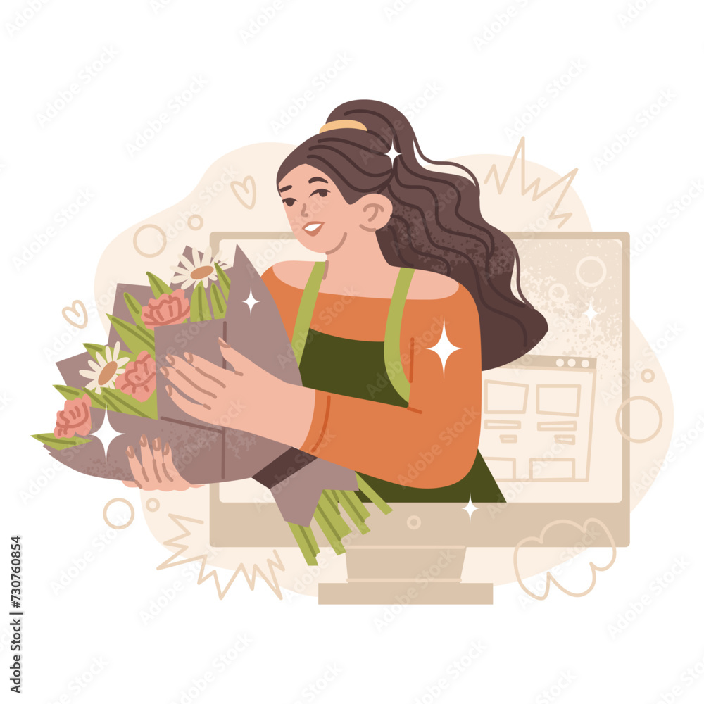 A store employee delivers a bouquet of flowers through a computer monitor. Online flower delivery. Remote congratulations to family and friends. Vector illustration isolated on transparent background. A store employee delivers a bouquet of flowers through a computer monitor. Online flower delivery. Remote congratulations to family and friends. Vector illustration isolated on transparent background.