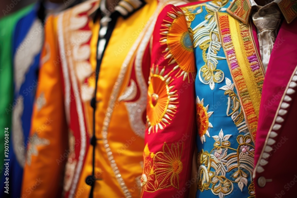 A row of brightly colored vests hanging on a wall. Perfect for fashion or clothing-related projects