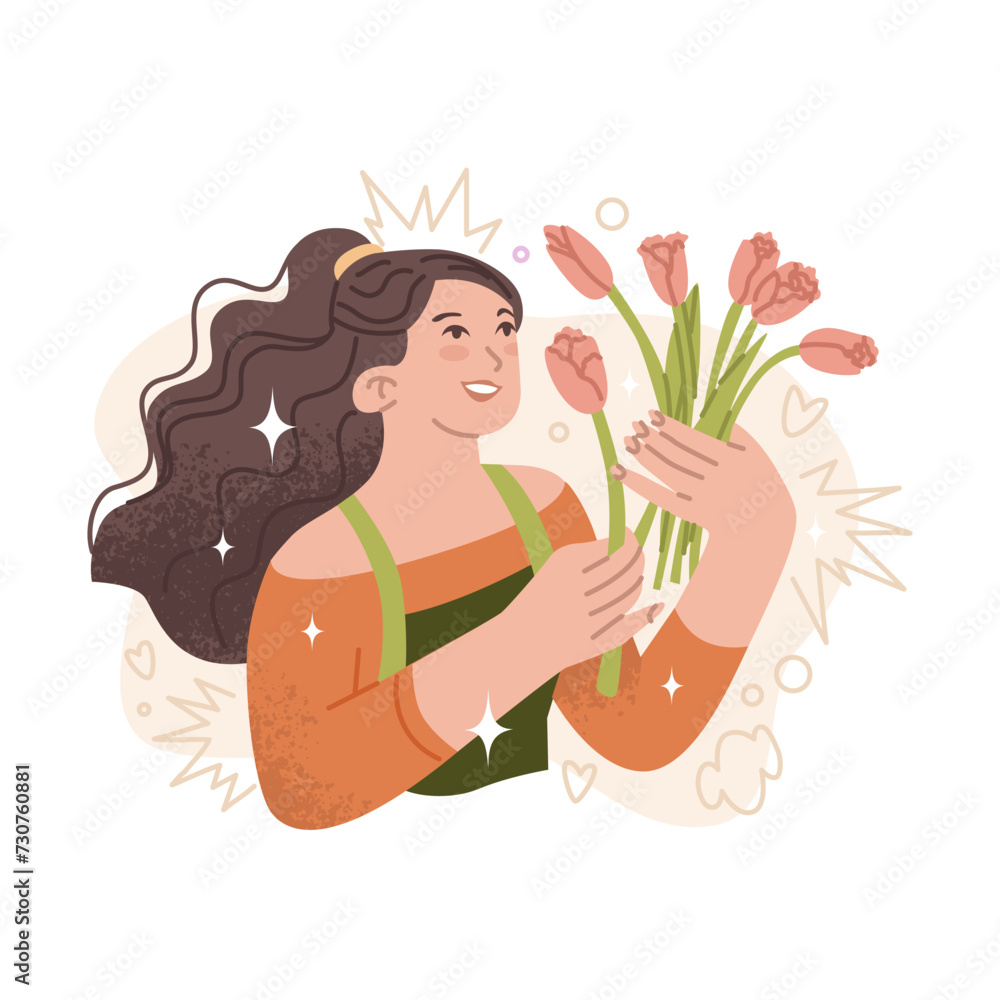 A store employee selects fresh flowers for a bouquet. Flower delivery store. Flowers as a gift for the holiday. Vector illustration isolated on transparent background. A store employee selects fresh flowers for a bouquet. Flower delivery store. Flowers as a gift for the holiday. Vector illustration isolated on transparent background.