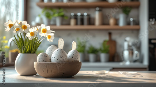 Minimal Easter decor in the kitchen. Generative AI.