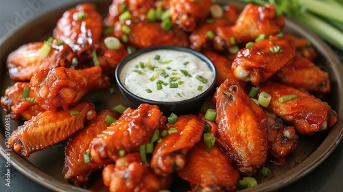 A party platter of wings on a tray with dressing in the middle. Generative AI.