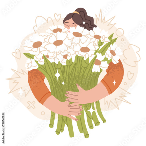 A girl hugs and smells a huge bouquet of flowers. Flower delivery store. Flowers as a gift for Mother's Day, Valentine's Day or March 8th. Vector illustration isolated on transparent background.