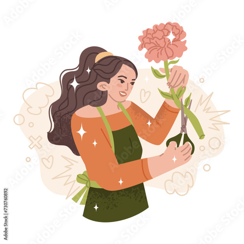 A store employee trims a flower for a bouquet with scissors. Flower delivery store. Flowers as a gift for Mother's Day or March 8th. Vector illustration isolated on transparent background.