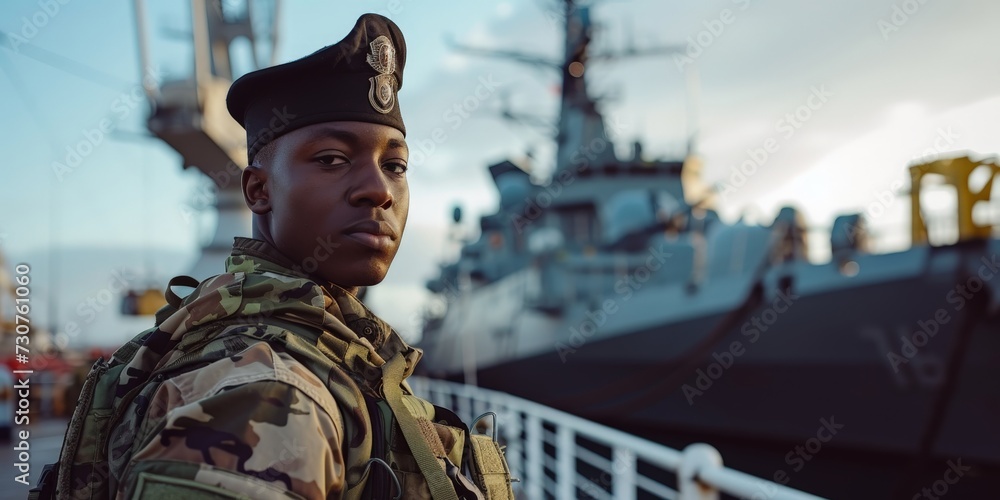 Fototapeta premium Portrait of young african american soldier standingof ship