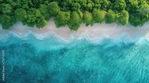 A beach including water and trees. Generative Ai.