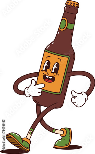 Cartoon beer bottle groovy character. Isolated vector funky psychedelic flask personage with vintage colors, groove eyes, and a wide grin, happily walking, radiating retro vibes and chilled-out charm