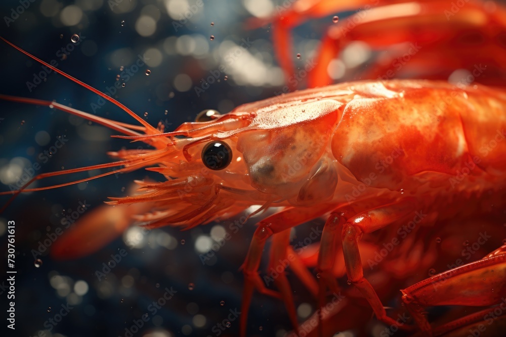 A detailed close-up shot of a shrimp resting on a vibrant blue surface. Perfect for seafood-related designs or culinary themes A detailed close-up shot of a shrimp resting on a vibrant blue surface. Perfect for seafood-related designs or culinary themes