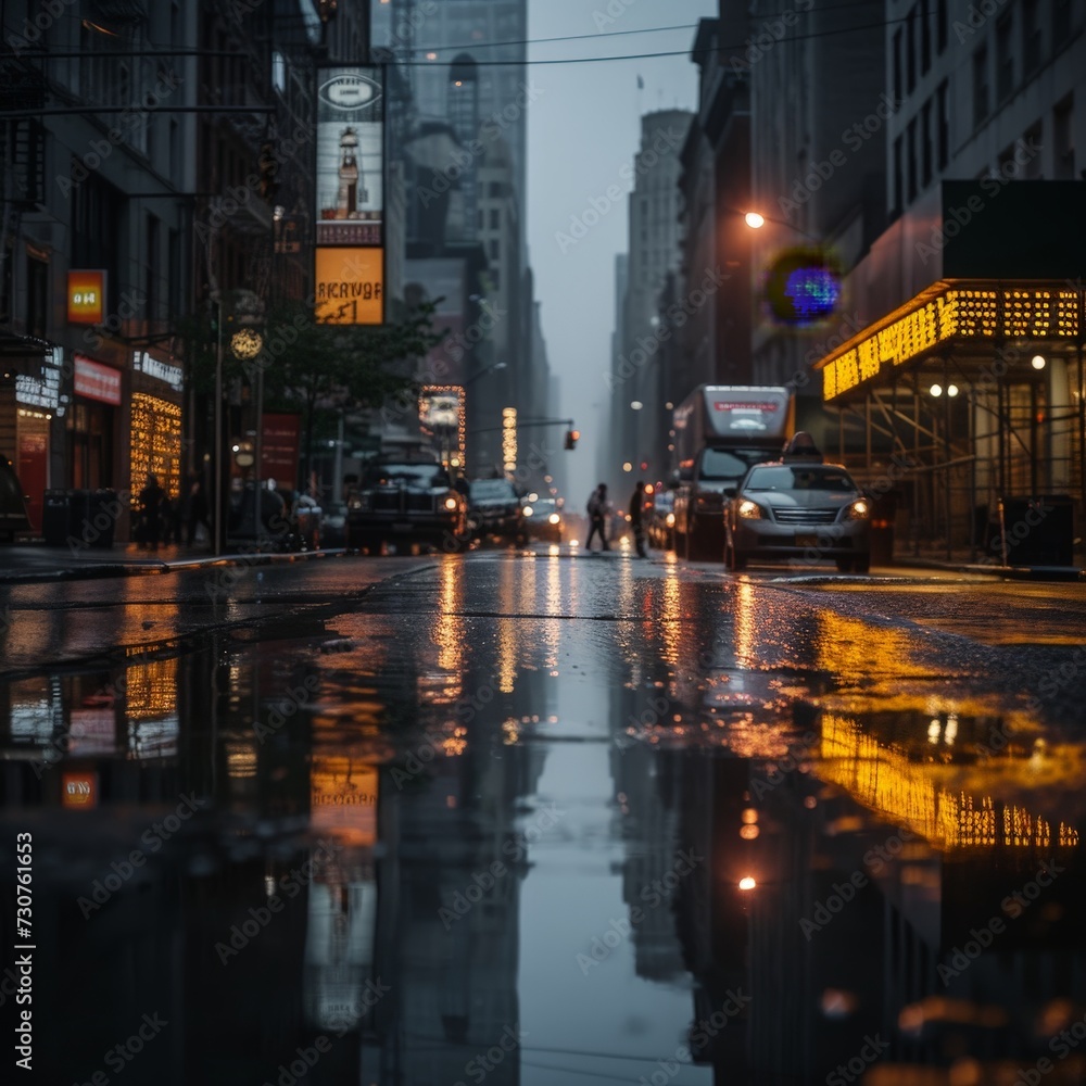 Wet street at night in City