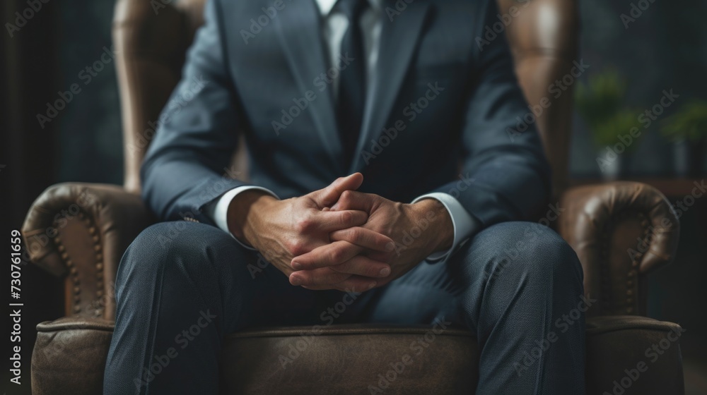 A man wearing a suit sitting in a chair. Suitable for business and office-related concepts A man wearing a suit sitting in a chair. Suitable for business and office-related concepts
