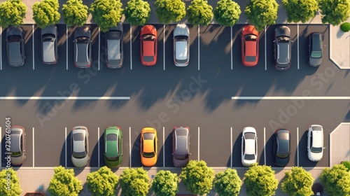 A bird's eye view of a parking lot filled with cars. This image can be used to showcase transportation, urban infrastructure, or parking facilities photo