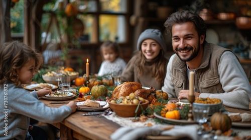Happy Thanksgiving: A Family Gathering Around a Table Full of Food Generative AI