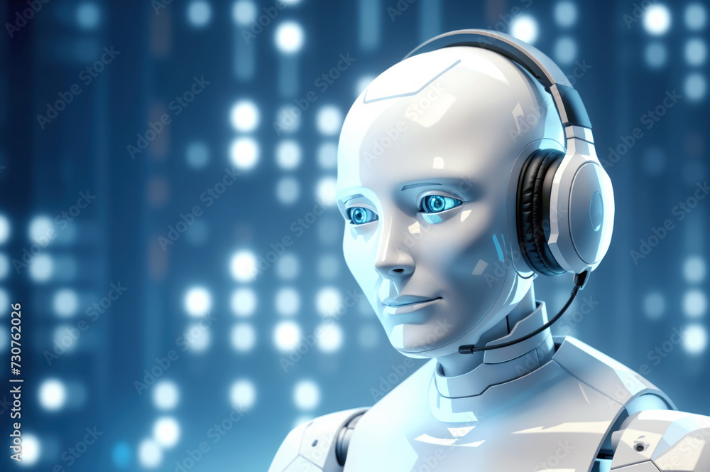 Robot as customer service. Bridging technology and human interaction in the futuristic realm of artificial intelligence, offering seamless support and communication in the digital business landscape Robot as customer service. Bridging technology and human interaction in the futuristic realm of artificial intelligence, offering seamless support and communication in the digital business landscape