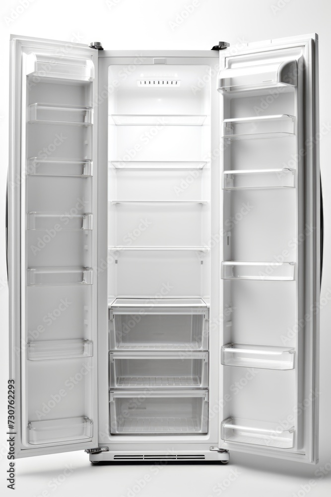 A white refrigerator with its door open, placed on a white background. Suitable for showcasing kitchen appliances or illustrating home organization ideas A white refrigerator with its door open, placed on a white background. Suitable for showcasing kitchen appliances or illustrating home organization ideas