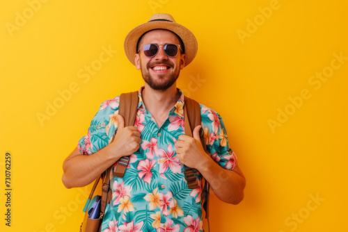 Portrait happy man with summer swim suit isolated on background for realax at beach on vacation, travel and holidays vacation concept.