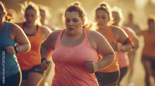 A plus-sized runner crossing the finish line with arms raised in triumph during a marathon. fat woman running