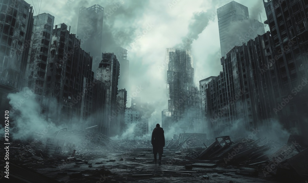 Conceptual image of a man standing in the middle of a destroyed city - obrazy, fototapety, plakaty 