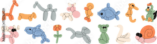 Various balloon animals collection. Festive set of inflatable dog, giraffe, fish, swan, flower, bear, monkey, rooster shapes. Birthday celebration party. Fancy abstract characters isolated vector