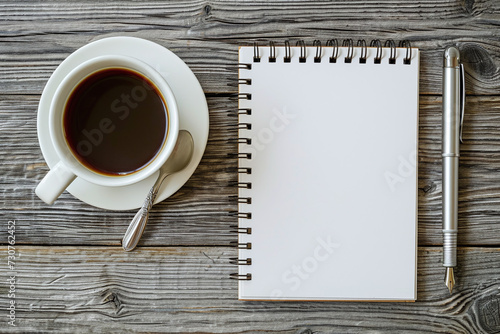 Morning Coffee Break with a Blank Notepad and Pen Ready for Notes on a Rustic Wooden Background