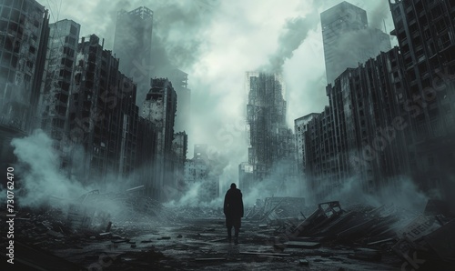 Conceptual image of a man standing in the middle of a destroyed city photo