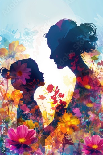 A woman and child standing in a vibrant field of colorful flowers. Perfect for family and nature-themed projects