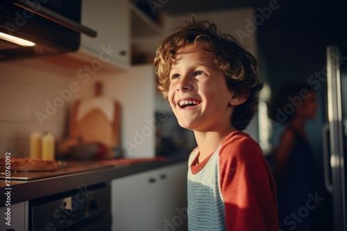 A young boy stands next to a stove in a kitchen. Perfect for illustrating cooking, family, and home life