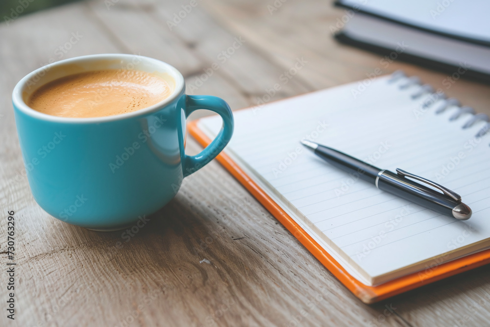 Fresh Cup of Coffee Next to a Notepad and Pen on a Wooden Desk Signifying a Productive Morning Routine Fresh Cup of Coffee Next to a Notepad and Pen on a Wooden Desk Signifying a Productive Morning Routine